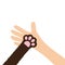 Hand arm holding cat dog paw print leg foot. Help adopt animal pet donate concept. Close up. Friends forever. Veterinarian care. V