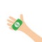 Hand arm holding paper money dollar sign. Helping hands concept. Close up body part. Business donation. Flat design style. White b