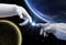 Hand of astronaut and robot. Contact with other civilizations