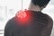 Hand, back pain and injury with the shoulder of a man in red highlight during a fitness workout. Healthcare, anatomy and