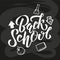 Hand Back to school lettering on black blackboard with picture of apple, flask, book. Perfect design for banner, flyer, greeting