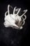 Hand balloon whisk with beaten egg white meringue mix