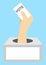 A hand from the ballot box holds a ballot card with the word Vote. Vector illustration for presidential, government voting.