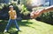 Hand, baseball and person playing with child on bokeh or .parent and kid on grass field for training. Softball game