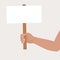 Hand, bent at the elbow, holds a blank poster. Vector illustration of a placard blank. Banner template for protest text, manifesto