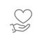 Hand with big heart, giving a love line icon. Charity, donation, like symbol