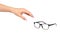 Hand with black eyeglasses, eye optic correction tool