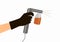 Hand in a black glove holds a gray spray tan machine. Vector illustration of auto tanning procedure