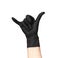A hand in a black glove isolated on a white background shows a gesture of Shaka