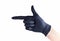 Hand in black protective disposable rubber glove making a finger gun gesture, pointing at something, isolated on white, cut out
