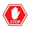 Hand blocking sign stop red on white, stock vector illustration