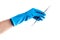 Hand in blue glove holding dental metal stick isolated