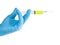 Hand in blue gloves holding syringe with green substance isolated