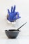 Hand in blue hairdressing gloves through a hole shows gesture all well. A black bowl with a brush is ready for staining