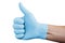 Hand in blue medical glove showing approval thumbs up sign isolated on white background