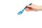 Hand with blue plastic fork, disposable utensil