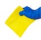 Hand in blue rubber glove with cleaning yellow micro fiber cloth isolated on white. Household