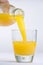 Hand, Bottle pouring Orange juice over glass