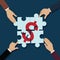 Hand of a business is sliding puzzle jigsaw. Composed as a Money dollar. Business concept