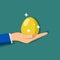 Hand of businessman holding shiny gold egg. Wealth concept. vector illustration