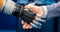 Hand of a businessman shaking hands with a droid robot. The concept of human interaction with artificial intelligence.