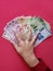 hand of a businesswoman holding mexican banknotes