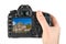 Hand with camera and Village Dinant in Belgium my photo