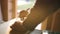 Hand of a carpenter taking measurement of a wooden plank. sun flare ob background