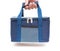 Hand carrying a blue lunch pack carrier