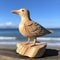 Hand Carved Seagull Statue On Wooden Board With Ocean Background