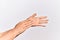 Hand of caucasian young man showing fingers over isolated white background touching palms gentle, delicate beauty pose