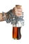 Hand chained with a bottle of alcohol isolated on white background