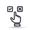 Hand click in check or cross line icon in simple design on white background. Choose concept. Cursor select hand icon, yes and no,