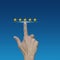 Hand click on five gold stars to increase rating on blue background, Feedback concept