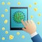 A hand clicks on the icon of the coronovirus covid-19 virus on a digital modern touchscreen tablet. Vector illustration