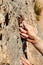 Hand, closeup and rock climbing with safety bolt for adventure, hiking and outdoor gear in summer. Hiker, cliff face or