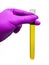 Hand with clove holding test tube with yellow chemical