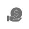 Hand with a coin grey fill icon. Finance, payment, invest finance symbol design.