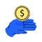Hand with a coin. Trade cash back. Business financial investment. Save savings. Vector illustration