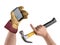 Hand construction worker with hammer and smartphone, purchase in