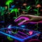 hand controls holographic display, luminous glowing butterflies and particles around, jungle in the background, futuristic eco hi-