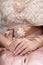 Hand coordinate of beautiful  asian woman bride with engagement ring on her finger,Ceremony in Thai traditional wedding day,Happy