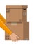 Hand of courier with postal cardboard box.