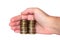Hand covers the monetary savings coins