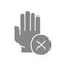 Hand with cross checkmark grey icon. Hygiene, human protection, upper extremity symbol