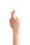 Hand with crossed fingers on white background