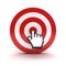 Hand cursor clicking in the center of the red dart board or target over white background