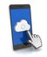 Hand cursor pressing cloud button on a smartphone