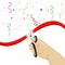 Hand cutting red ribbon with scissors on white background with colorful confetti