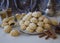 Hand decorated `Maamoul` an Arab dessert filled cookies, made with dates paste, almonds, walnuts and cinnamon